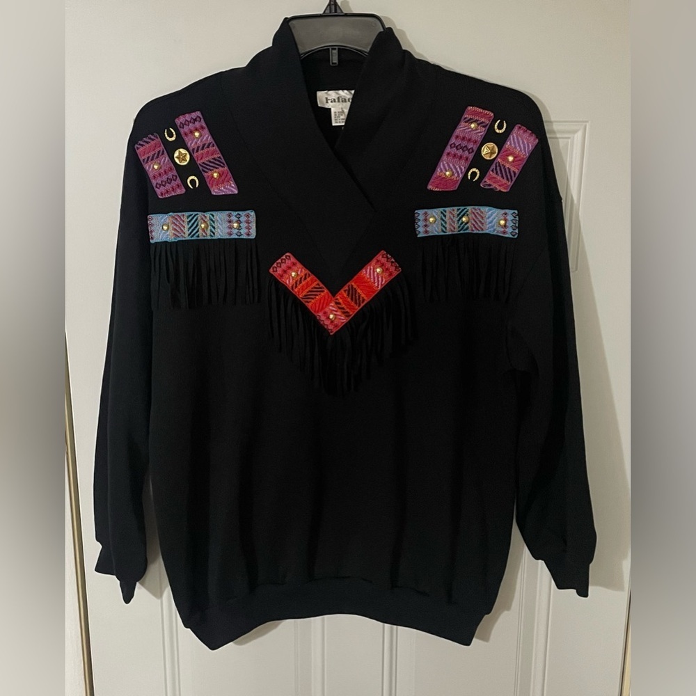 Vintage Rafael Womens Black Country Western Crew neck Sweater Large Cowboy